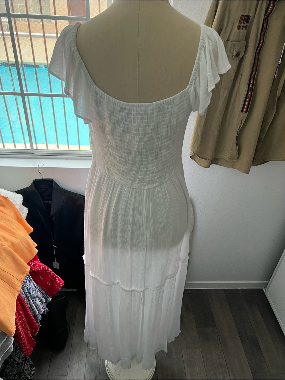 Sincerely Jules White Smocked Off-Shoulder Tiered Maxi Dress